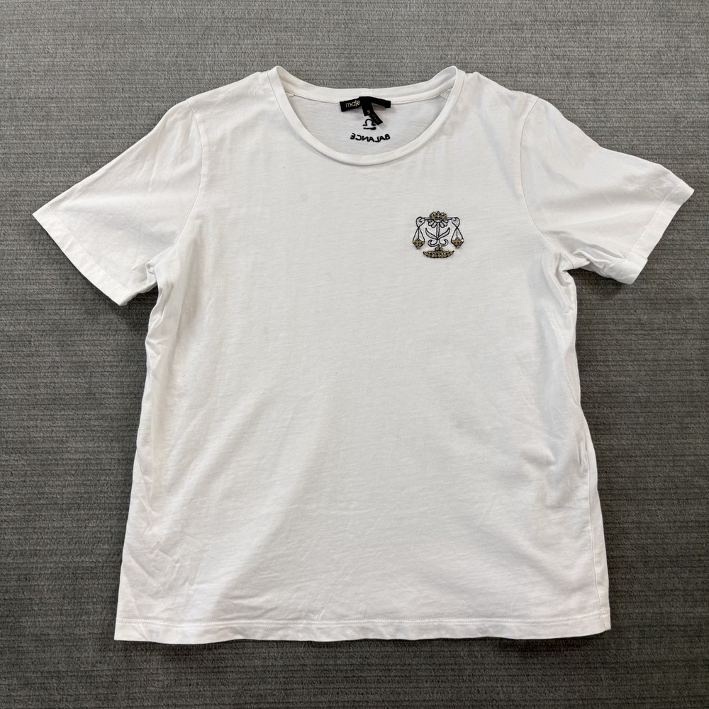 Maje Tastrover Libra Zodiac Tee Women 3/L Fitted Short Sleeve White Rhinestones